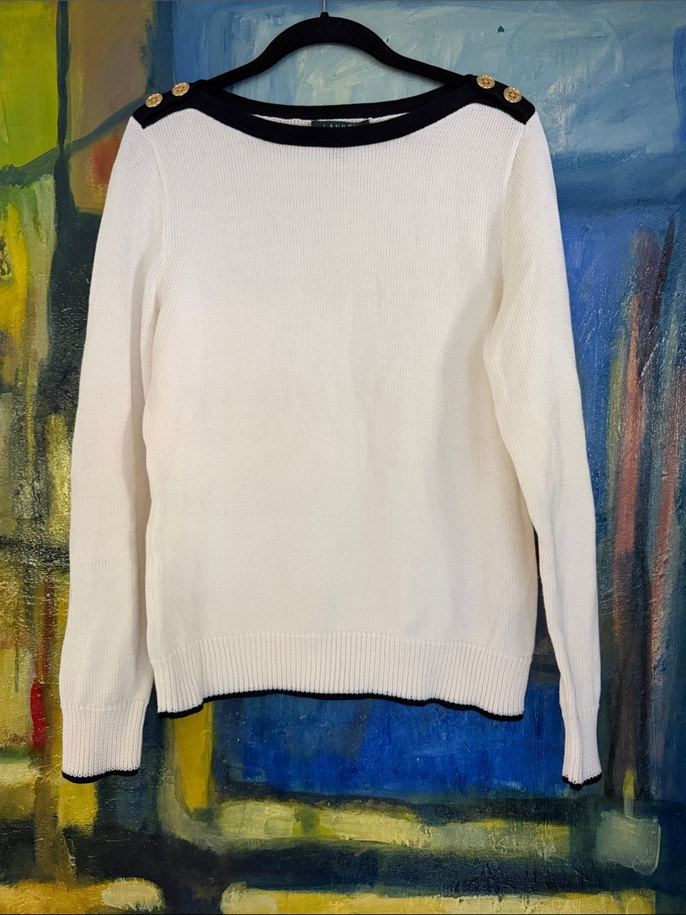 Lauren Ralph Lauren White boat neck Sweater with Black Trim and Gold Buttons L